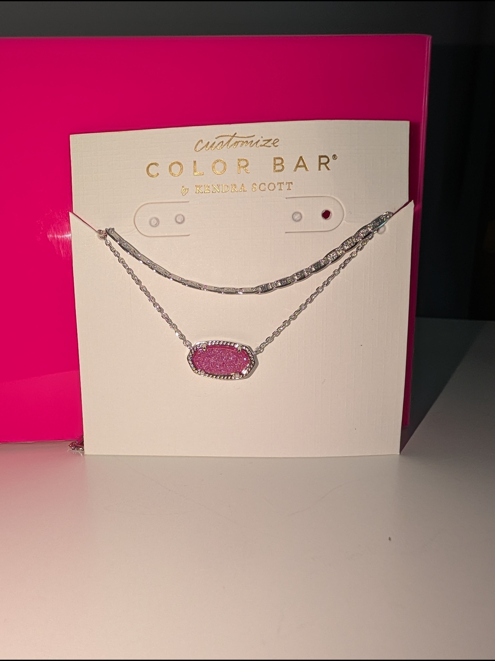 Kendra Scott Silver Double Strand Necklace with Hot Pink Drusy Elisa pendant